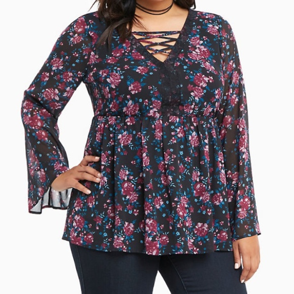 Torrid Floral Print Chiffon Lace Up Top Plus Sise